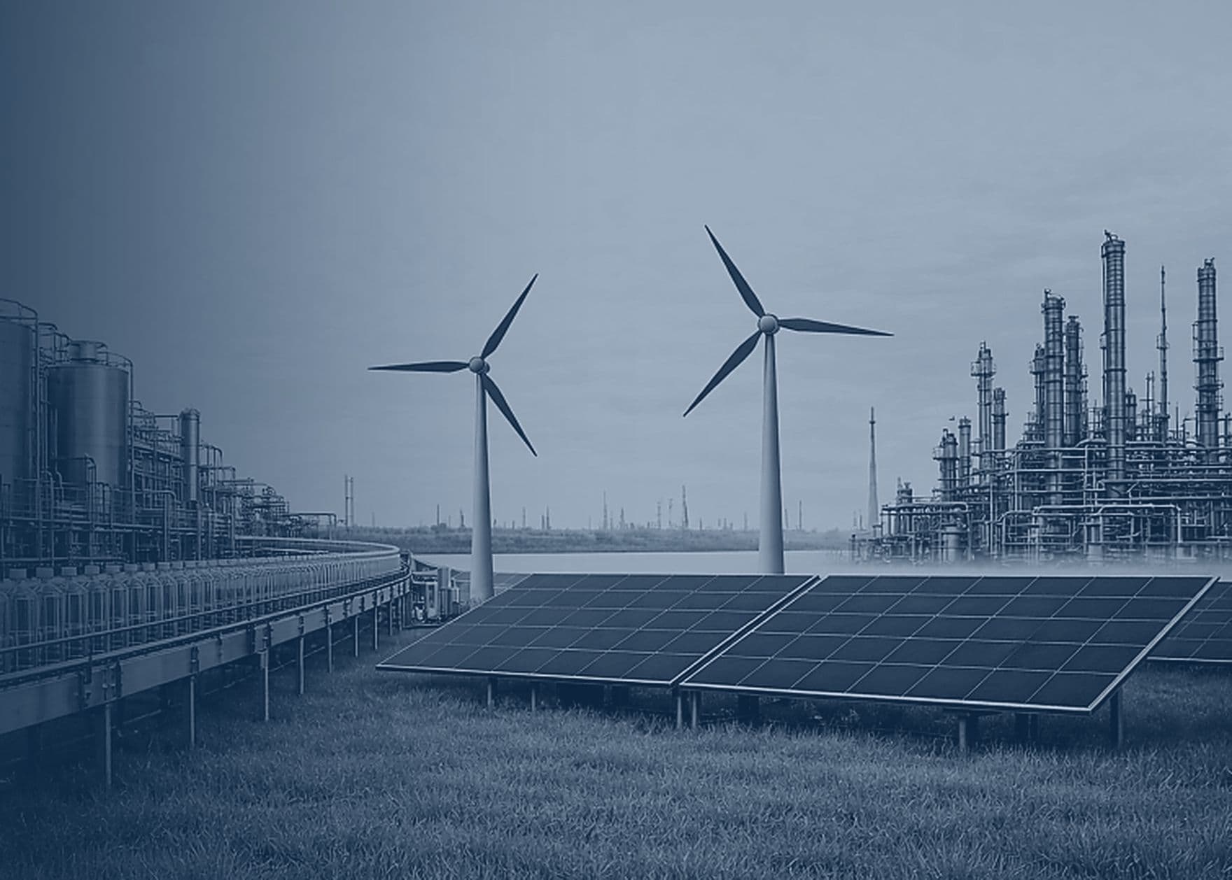 Veridian project scenes: refinery infrastructure, food and beverage production, and a renewable energy solar and wind installation